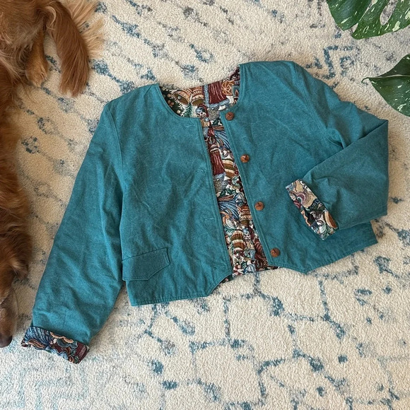 Vintage Reversible handmade tapestry canvas jacket - Size L - made in Canada - Picture 2 of 13